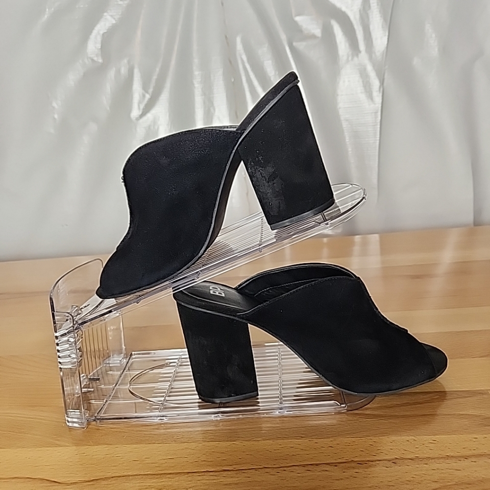 B.P. Nordstrom Mule Slides Sandals 7.5M Black Suede Leather Peep Toe Block Heel